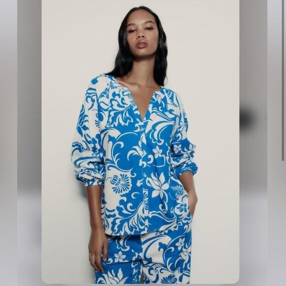 Zara Blue and White PRINTED LINEN BLEND SHIRT - Picture 3 of 9